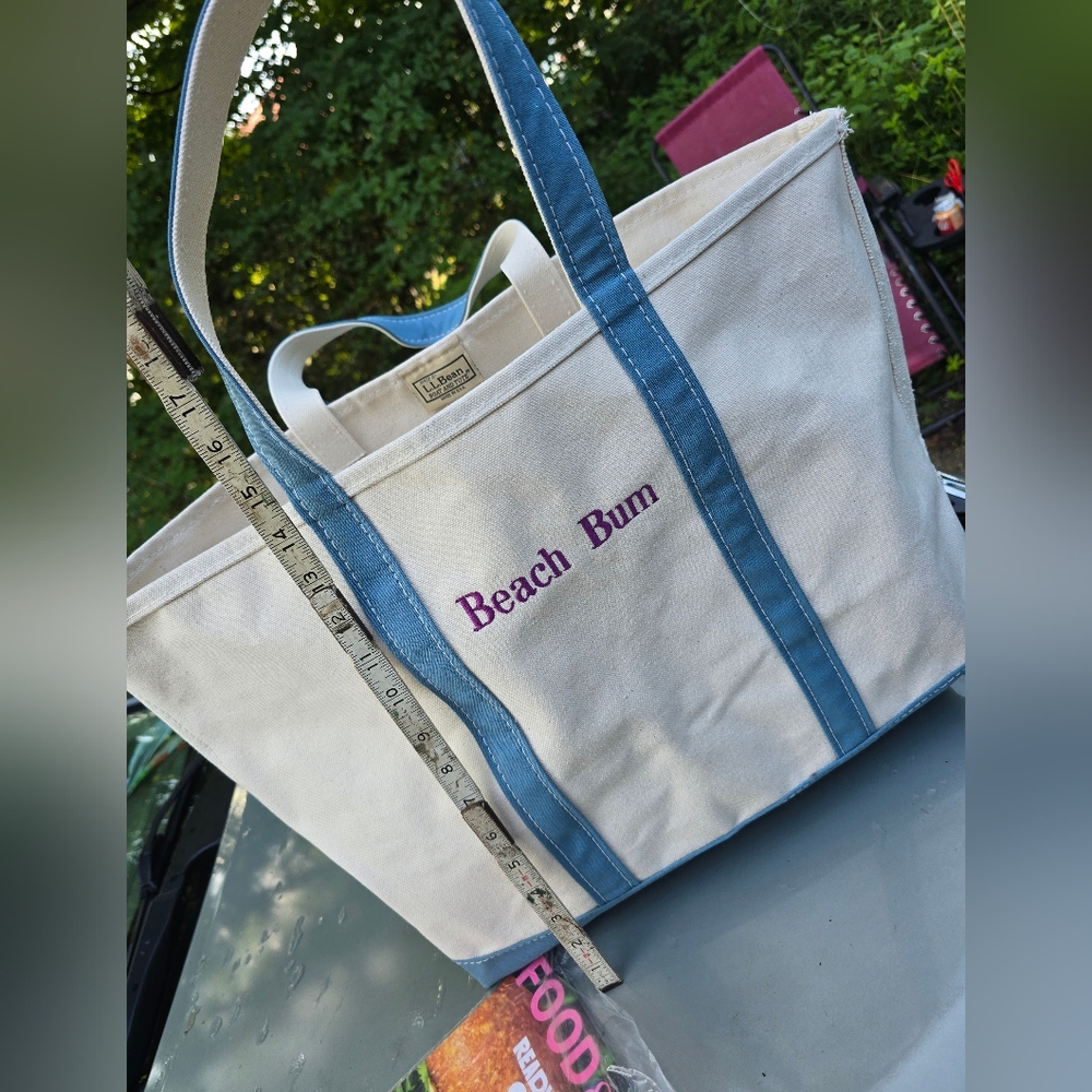 LL Bean Boat BEACH BUM Creme Canvas Tote Slate Blue Monogram Large Custom NWT - Picture 3 of 9